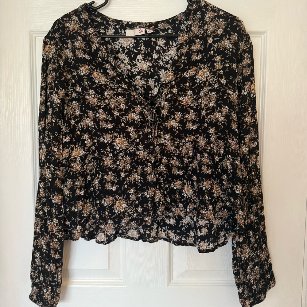 Floral blouse with adjustable cinched v neck